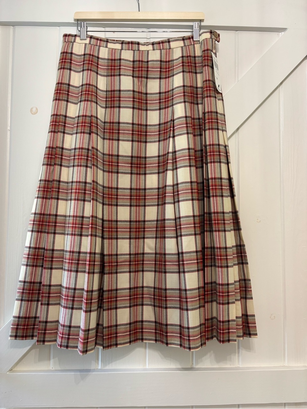 Vintage Pendelton 100% Wool Pleated Midi Skirt Cream Red Tartan Plaid 16 - Picture 2 of 8